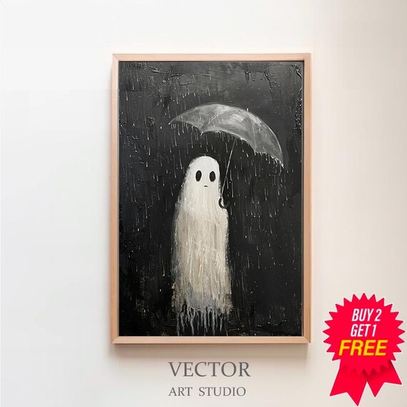 Sad Little Ghost Under Umbrella in Heavy Rain Dark Moody Poster