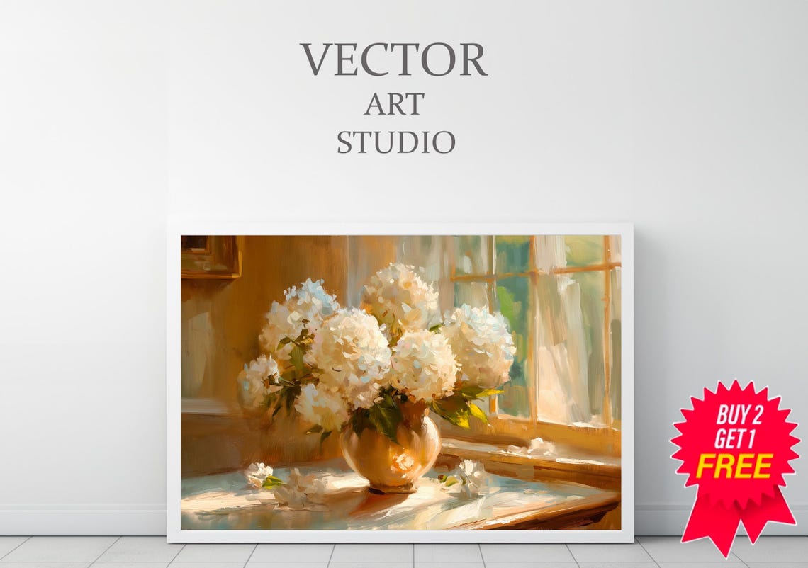 White Hydrangeas in a Golden Vase by a Sunlit Window Floral Art Poster - Image 3