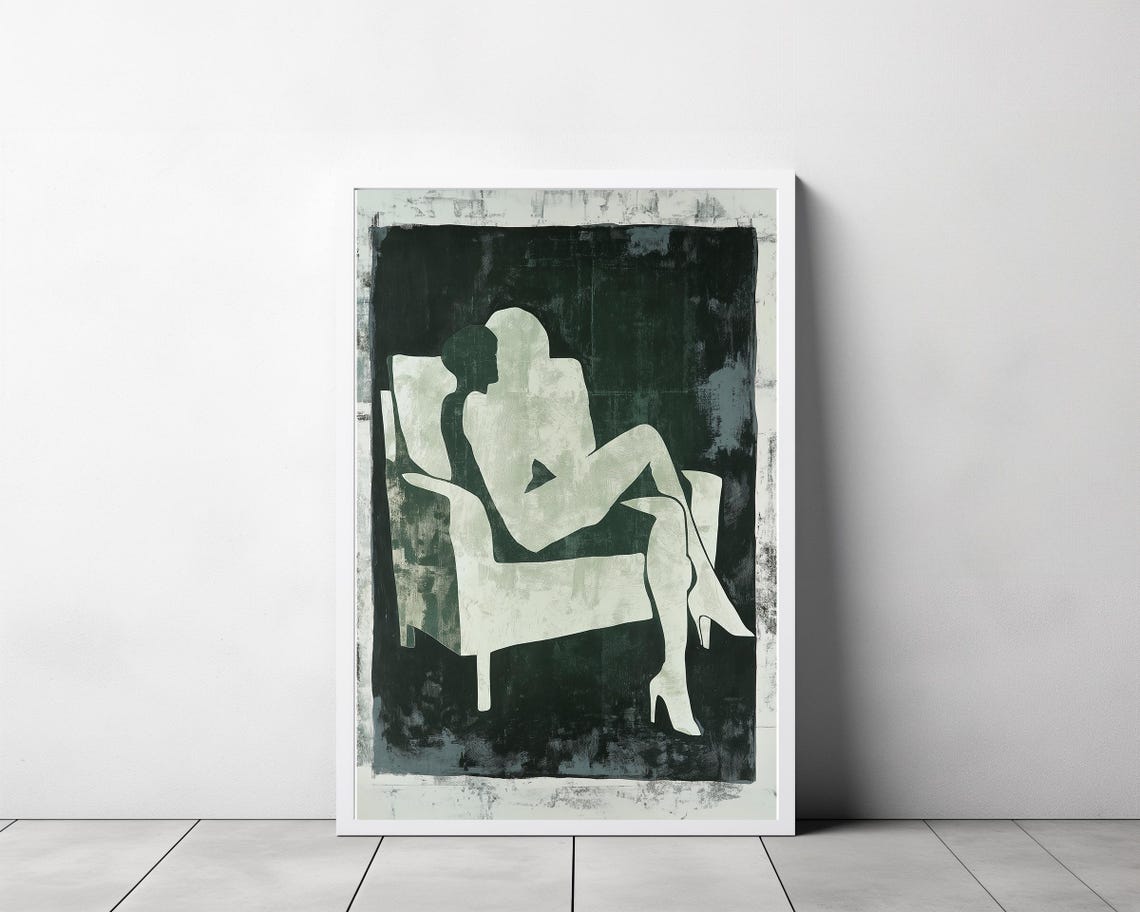 Pale Abstract Seated Figure in Armchair on Dark Green Canvas Poster - Image 3