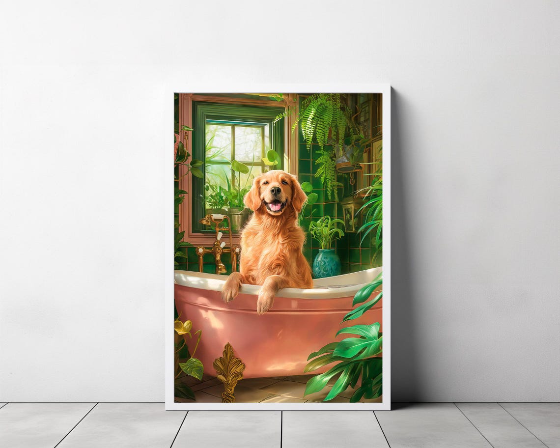 Golden Retriever Soaking in a Pink Bathtub Botanical Bathroom Poster - Image 3