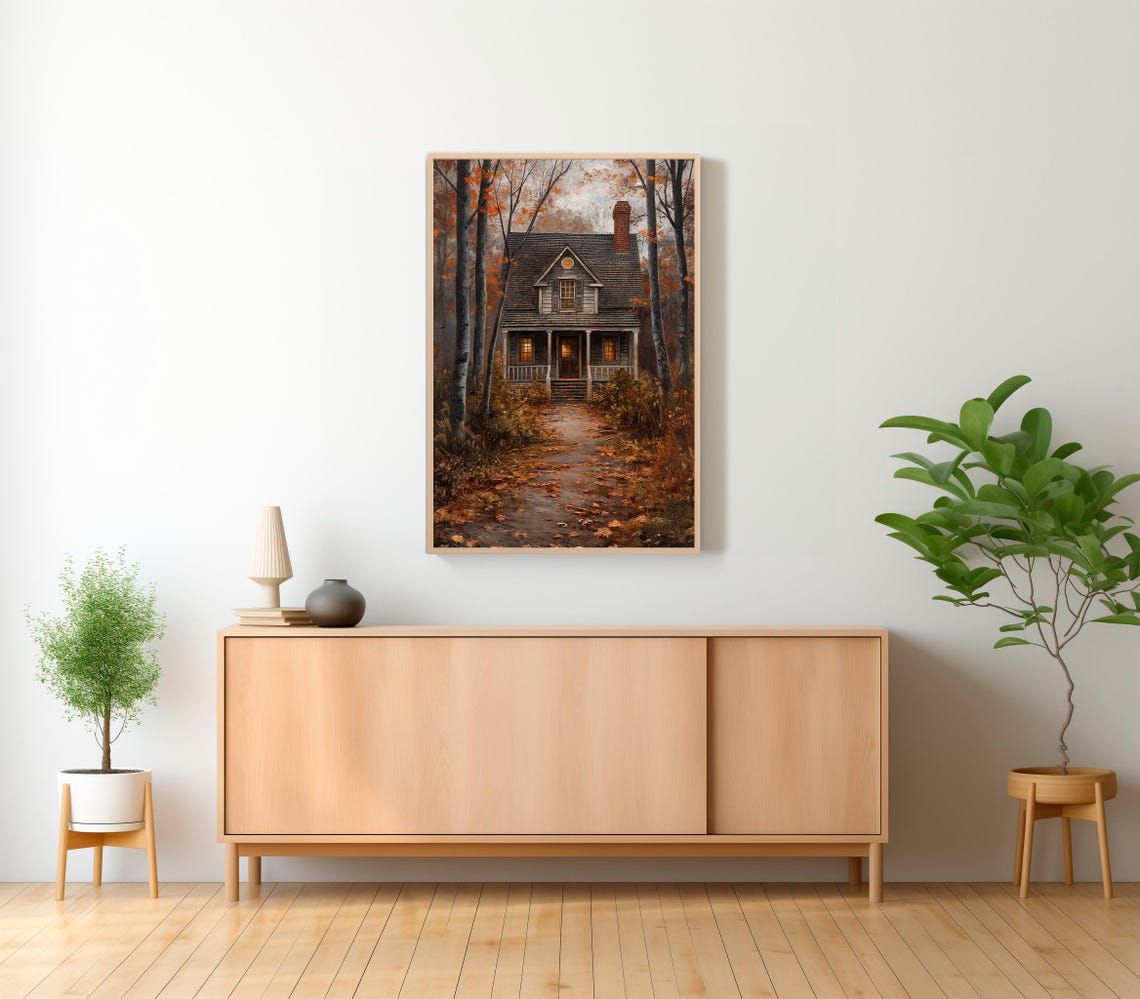 Cozy Cottage with Warm Porch Lights in an Autumn Forest Poster - Image 2