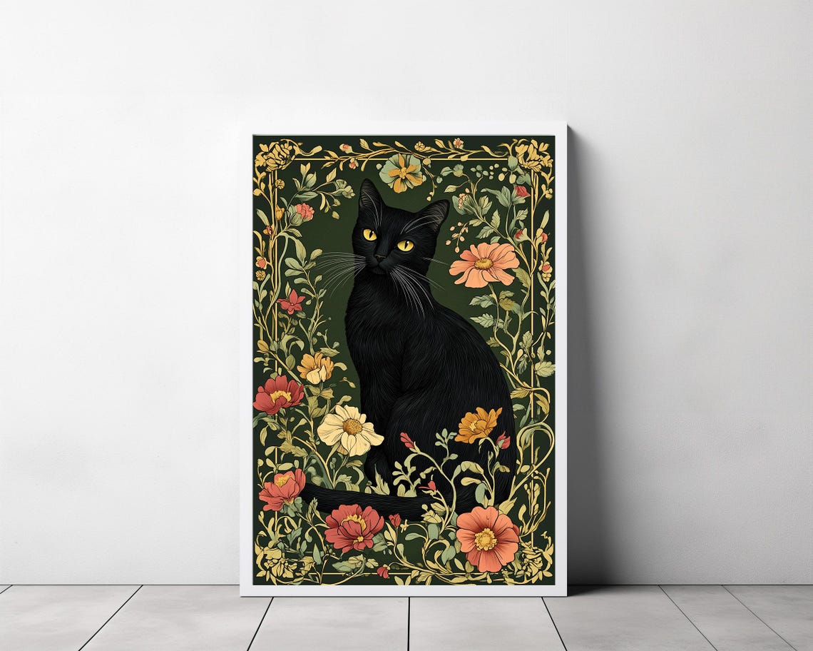 Black Cat in William Morris Style Botanical Garden Art Poster - Image 3