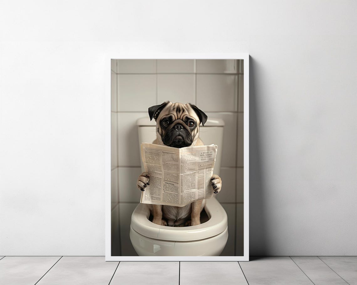 Pug Front View Reading Newspaper on Toilet Funny Bathroom Poster - Image 3