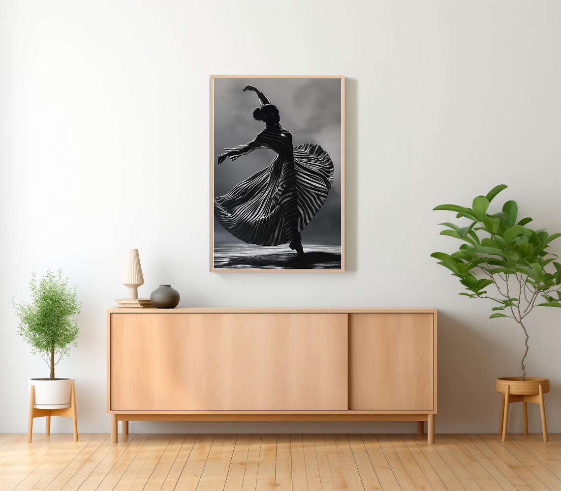 Black and White Silhouette of a Dancer in a Flowing Dress Poster - Image 2