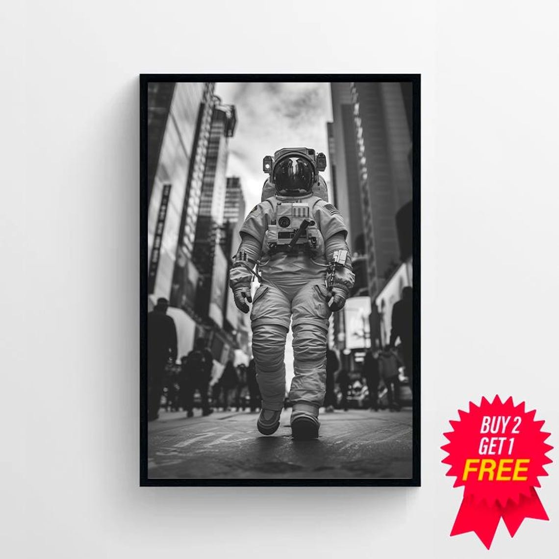 Surreal Astronaut Strolling Through Downtown Skyscrapers Photo Poster - Image 4