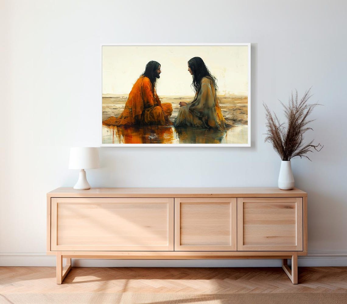 Jesus and Samaritan Woman Kneeling by Water Christian Poster - Image 2