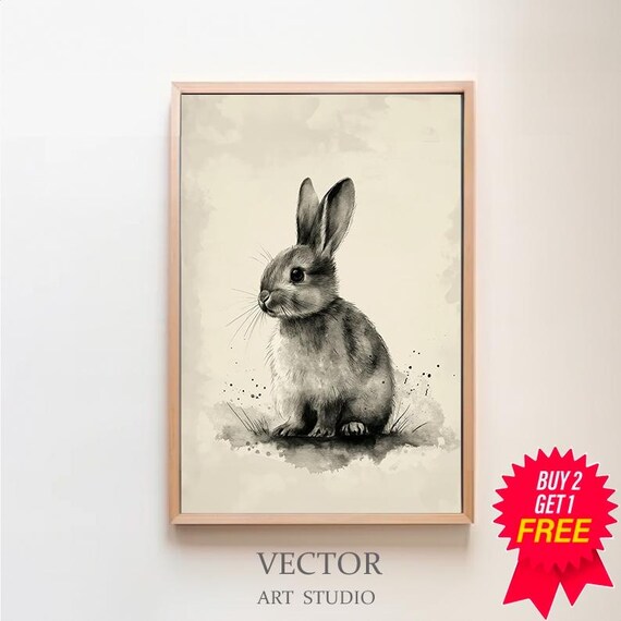 Vintage Antique Rabbit Sketch Bunny Watercolor Portrait Poster