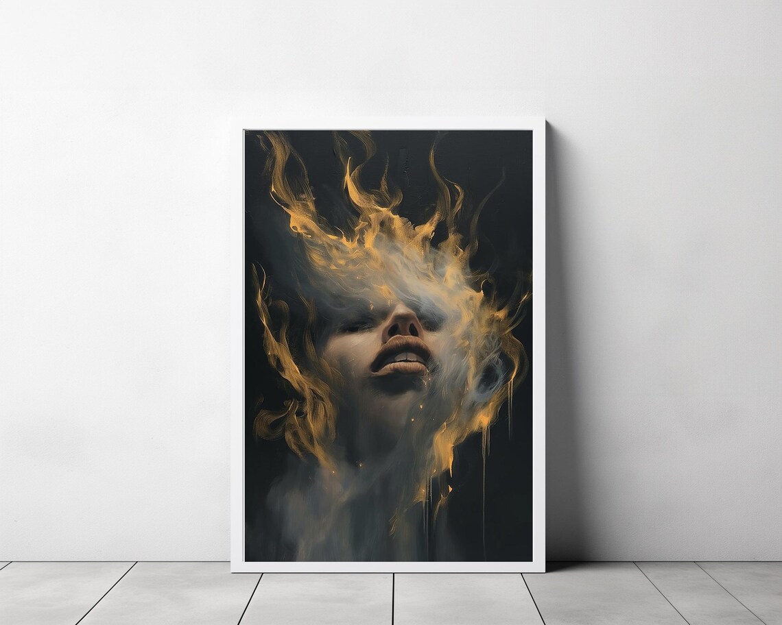 Woman Face Dissolving into Golden Flames Surreal Portrait Poster - Image 3