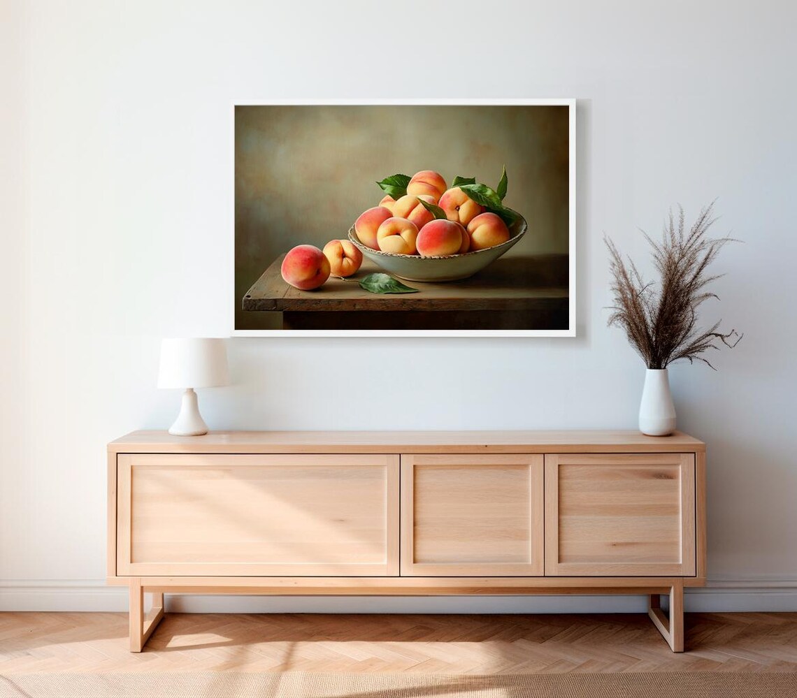 Moody Vintage Peach Still Life With Bowl Of Peaches Oil Poster - Image 2