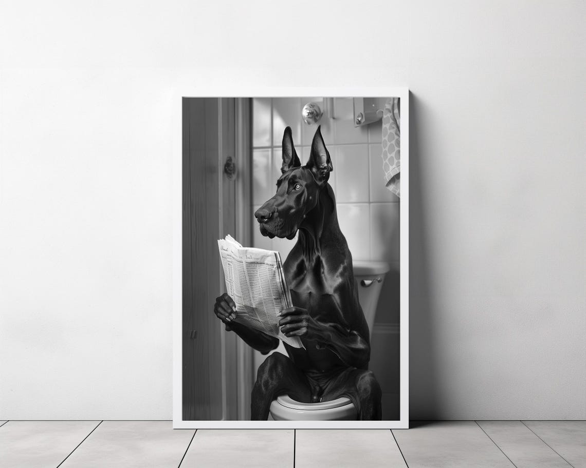 Black Great Dane on Toilet with Newspaper Funny Bathroom Poster - Image 3