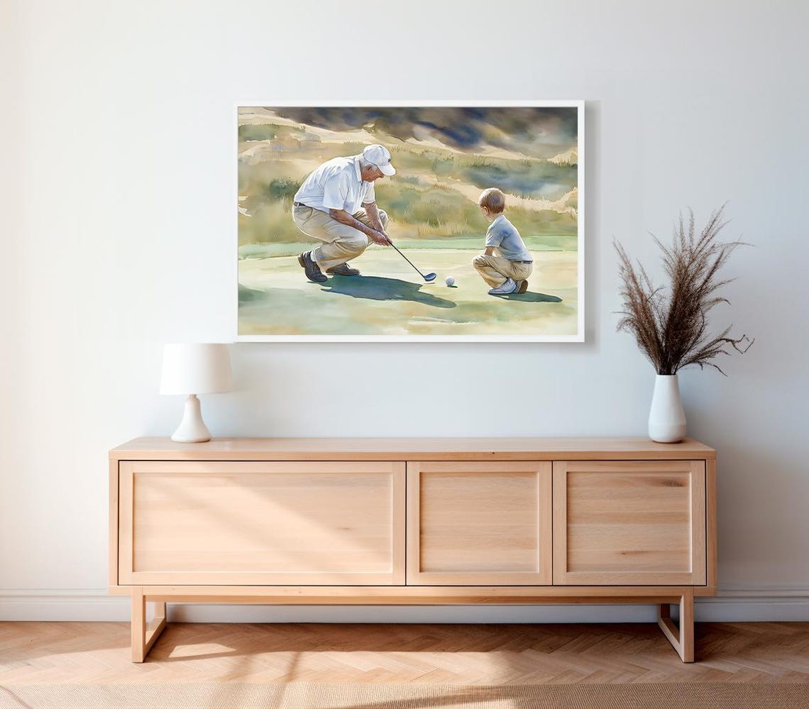 Grandfather and Grandson Putting on a Sunny Green Golf Course Poster - Image 2