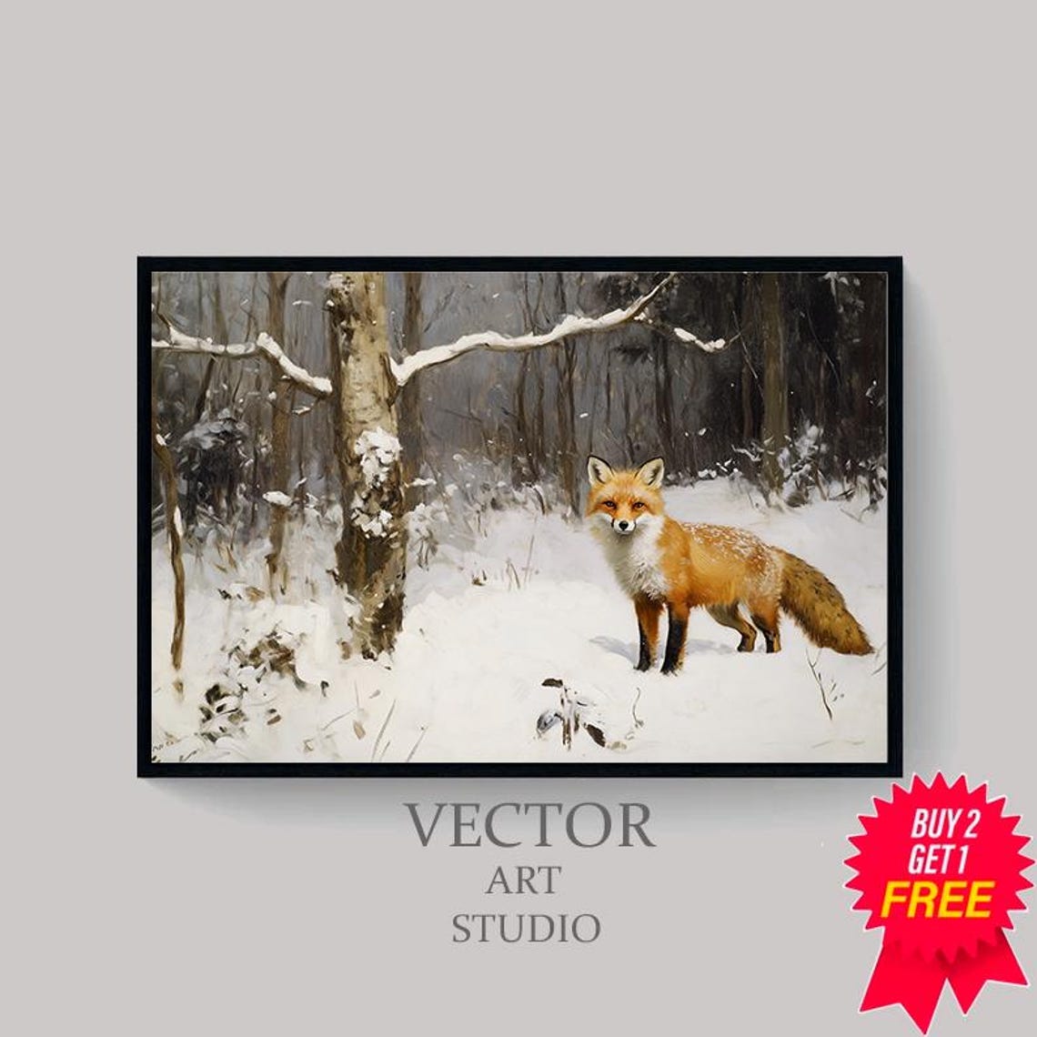 Red Fox Standing In Snowy Birch Forest Vintage Winter Art Poster - Image 4
