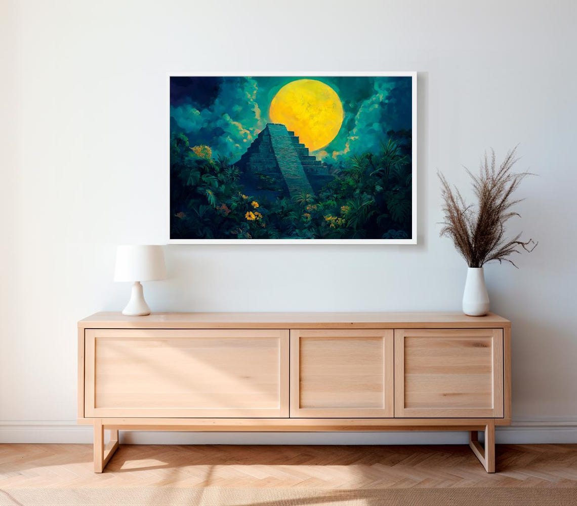 Ancient Step Pyramid Under Full Moon Tropical Jungle Art Print - Image 2