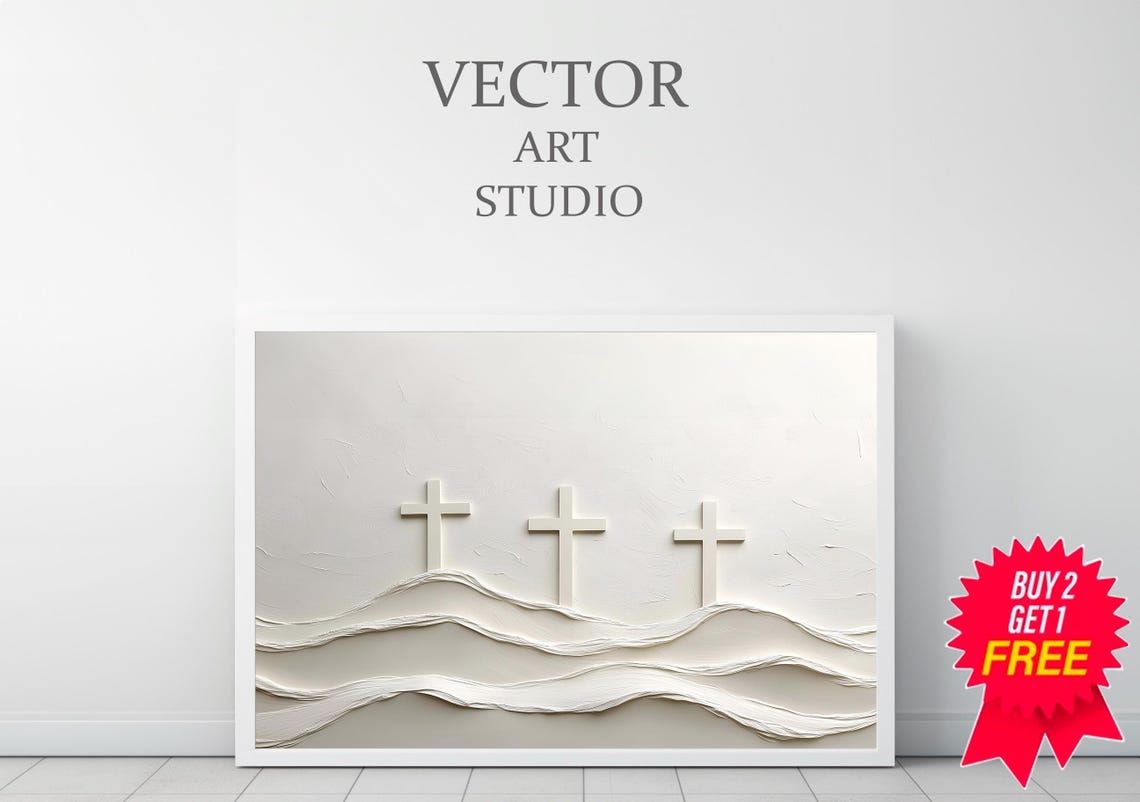 Three White Crosses Above Wavy Hills Minimalist Easter Poster - Image 3