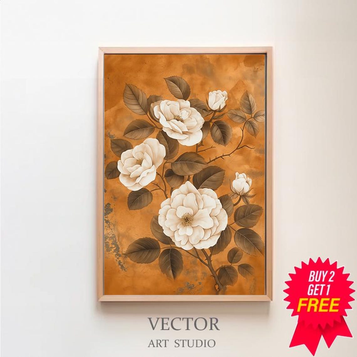 Vintage Cream White Roses Burnt Orange Botanical Floral Poster