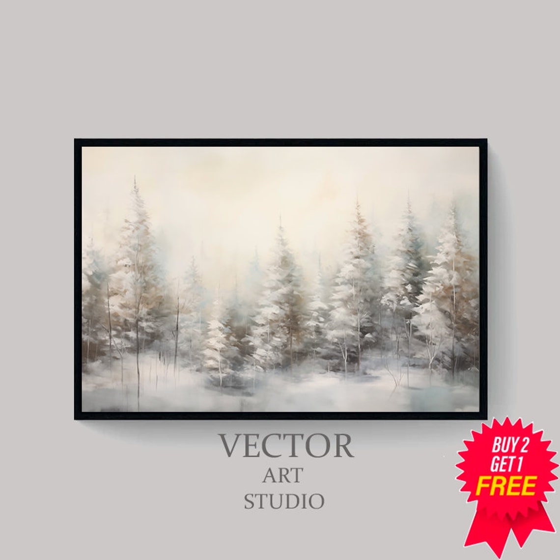 Snowy Winter Forest in Soft White Minimal Watercolor Scene Poster - Image 4