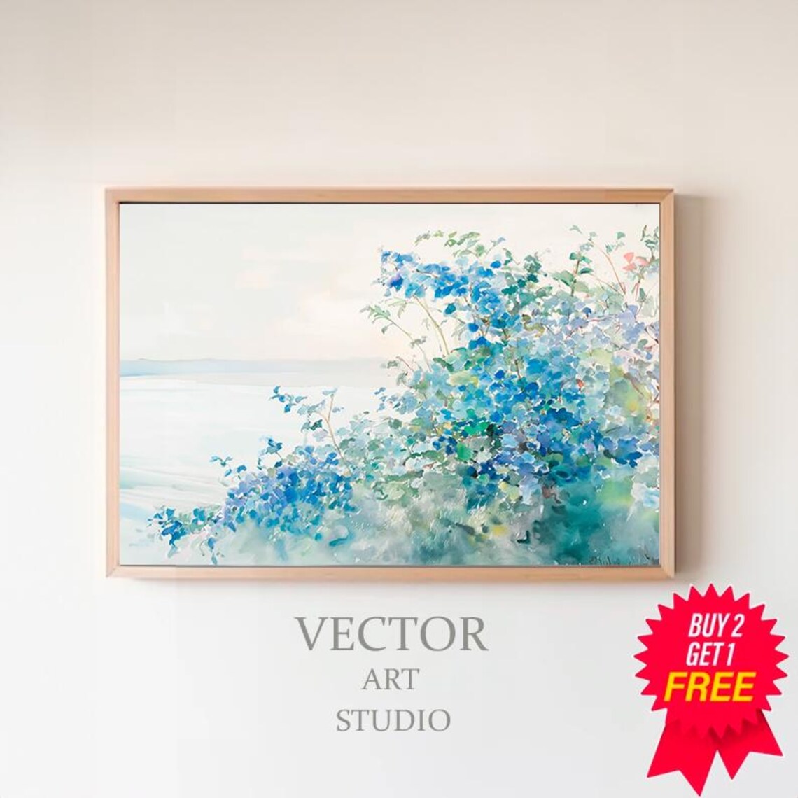 Blue Wildflowers Swaying Beside The Sea Coastal Watercolor Wall Art