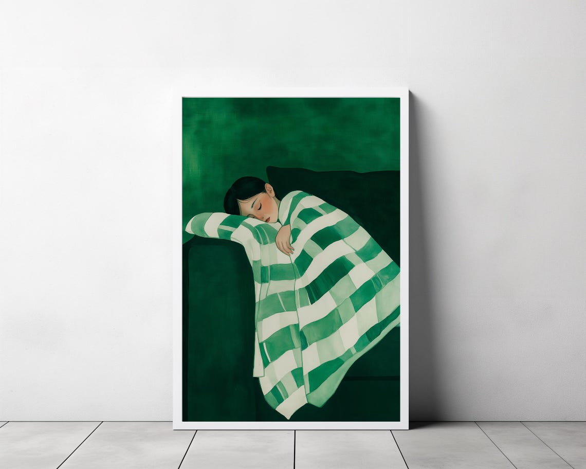 Sleeping Woman Emerald Green Stripe Blanket Couch Art Poster - Image 3
