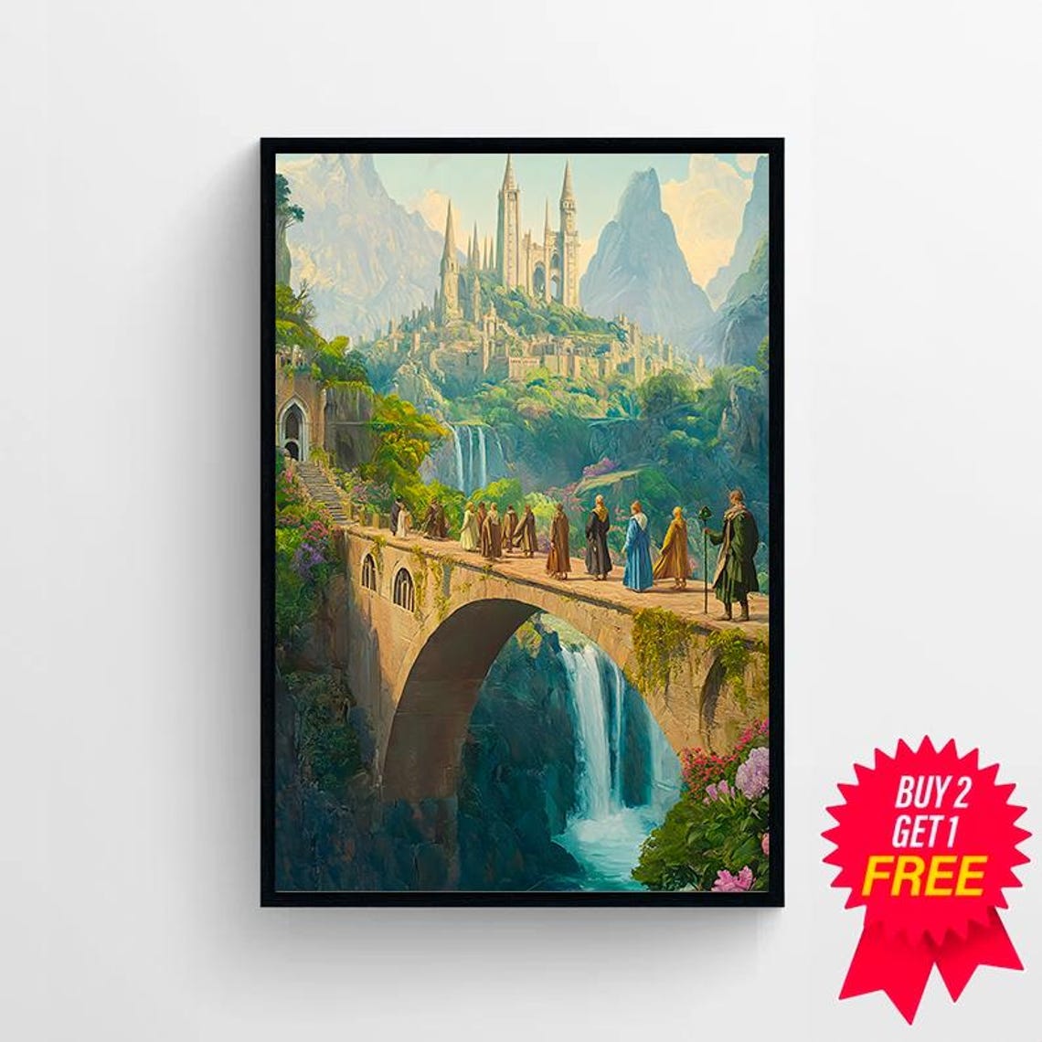 Fantasy Fellowship Mountain Castle Stone Bridge Valley Art Poster - Image 4