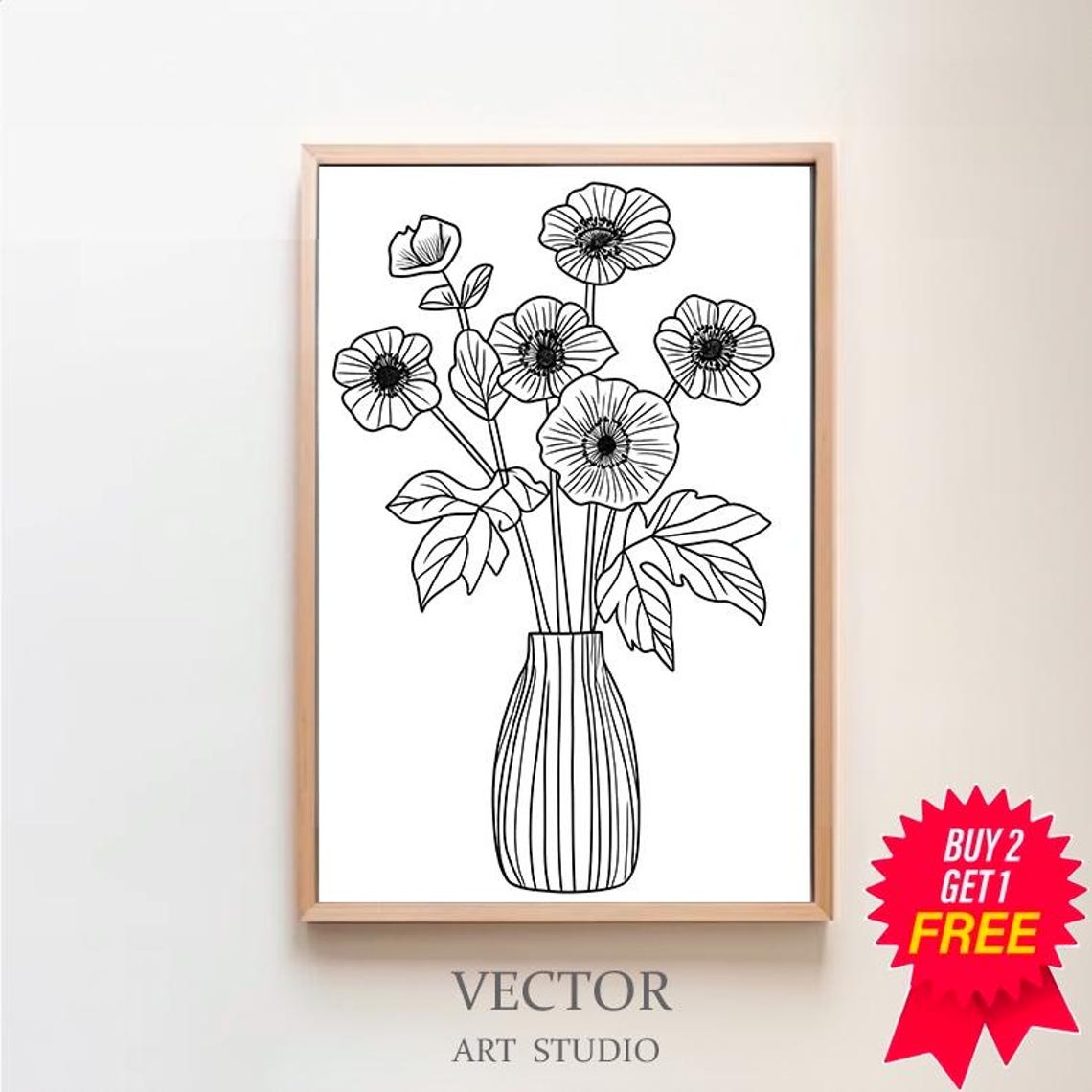 Black and White Anemone Line Drawing in a Tall Ribbed Vase Poster