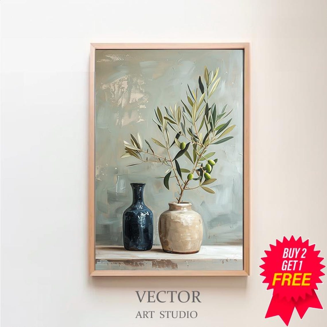 Single Olive Branch in a Ceramic Vase Beside a Blue Bottle Poster