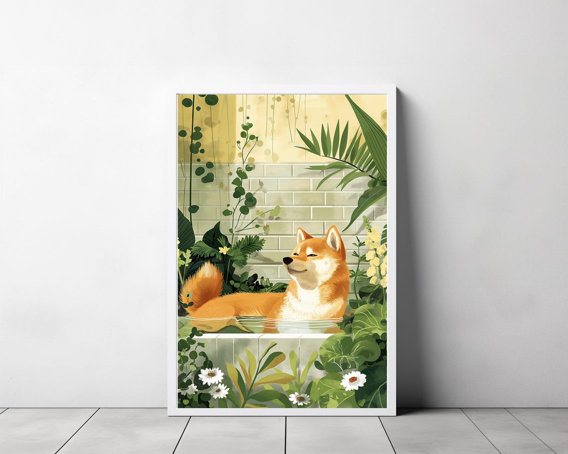 Shiba Inu Lounging in Bathtub Surrounded by Daisy Garden Poster - Image 3