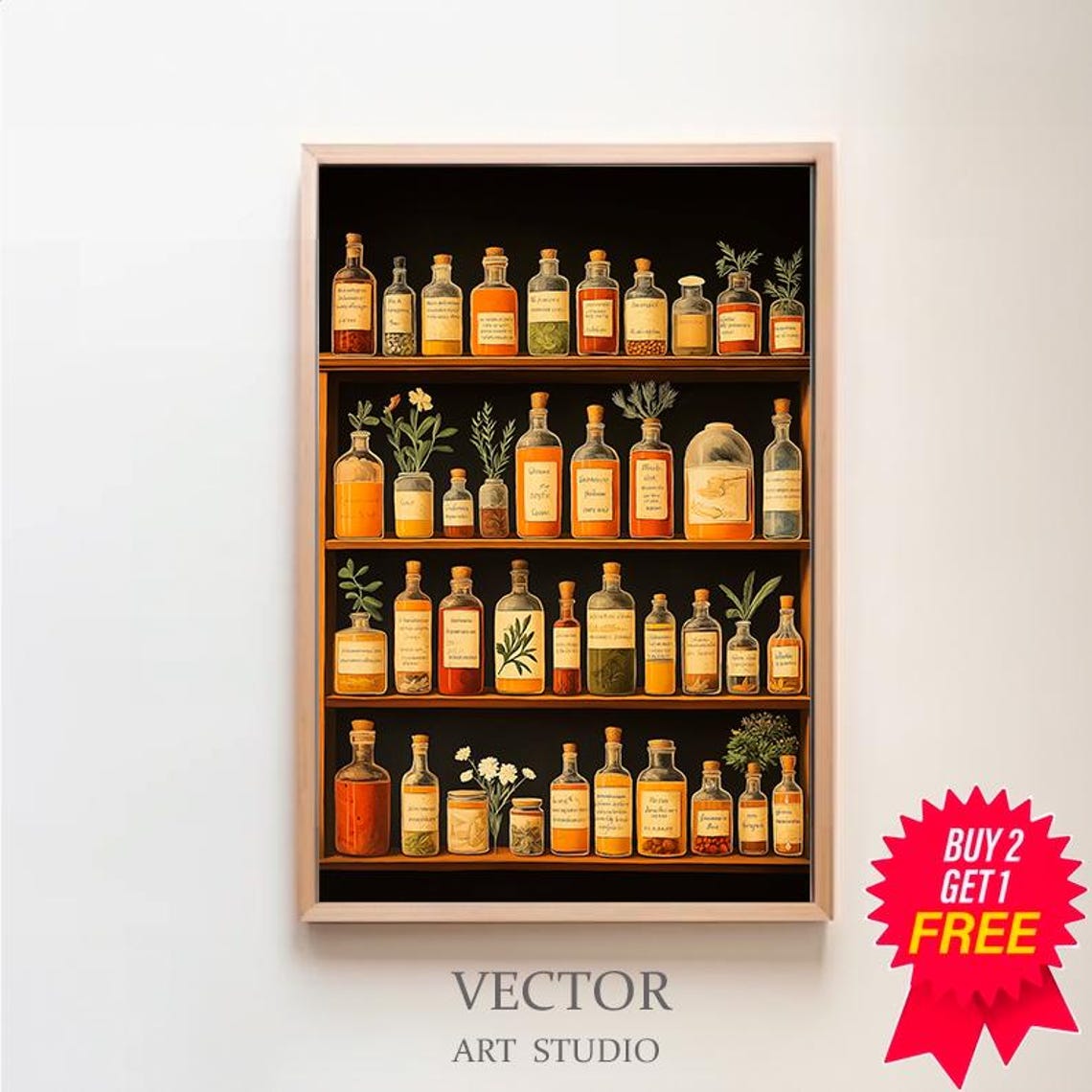 Vintage Apothecary Herb Bottles on Dark Wooden Shelves Poster
