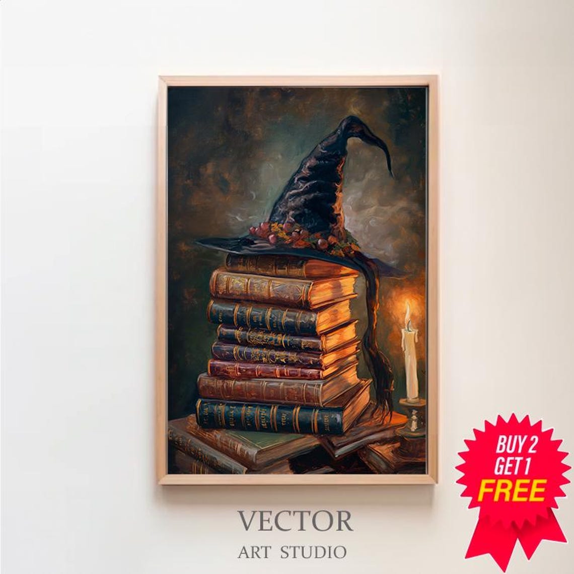 Witch Hat On Stack Of Spell Books Candlelit Halloween Poster