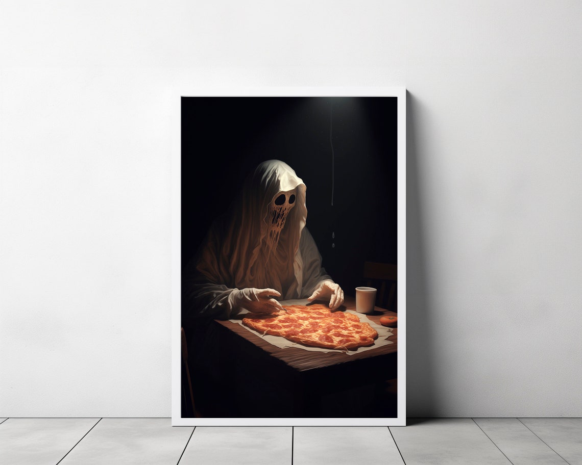Ghost Eating Pepperoni Pizza Spooky Dark Gothic Halloween Poster - Image 3