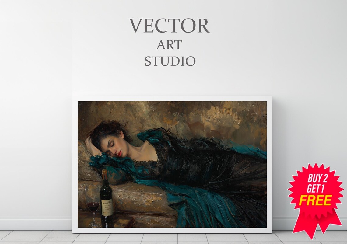 Victorian Woman Lying Down With Wine In A Teal Gown Vintage Oil Painting Poster - Image 3