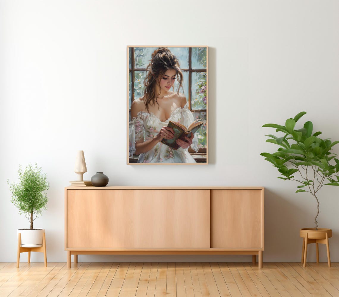 Romantic Woman in a White Dress Reading by a Sunlit Window Poster - Image 2