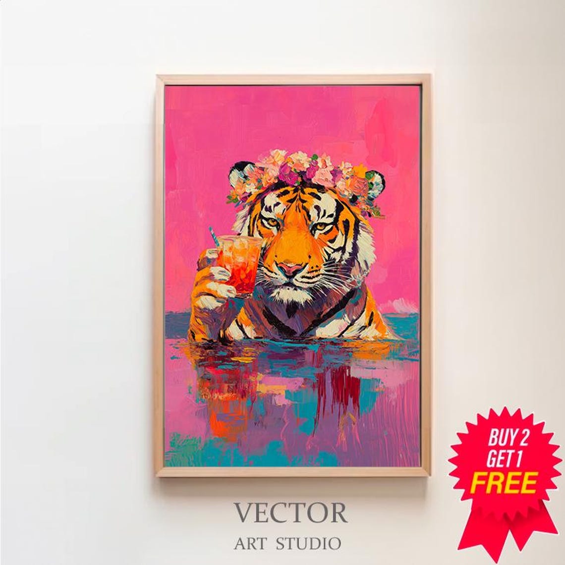 Tiger with Flower Crown Drinking Cocktail in Pool Painting Poster