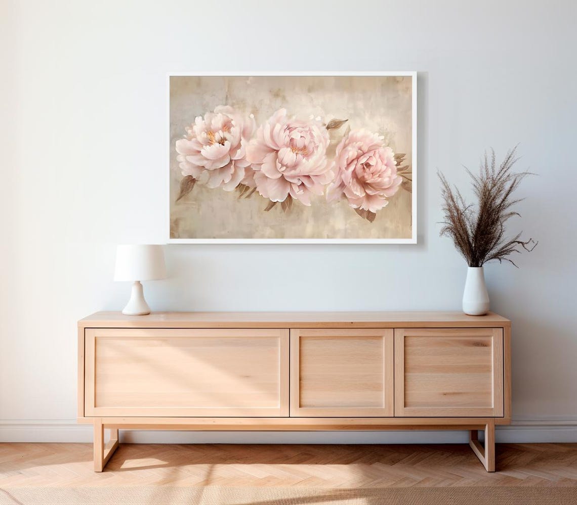 Blush Pink Peonies In Bloom On Warm Beige Vintage Botanical Art Poster - Image 2