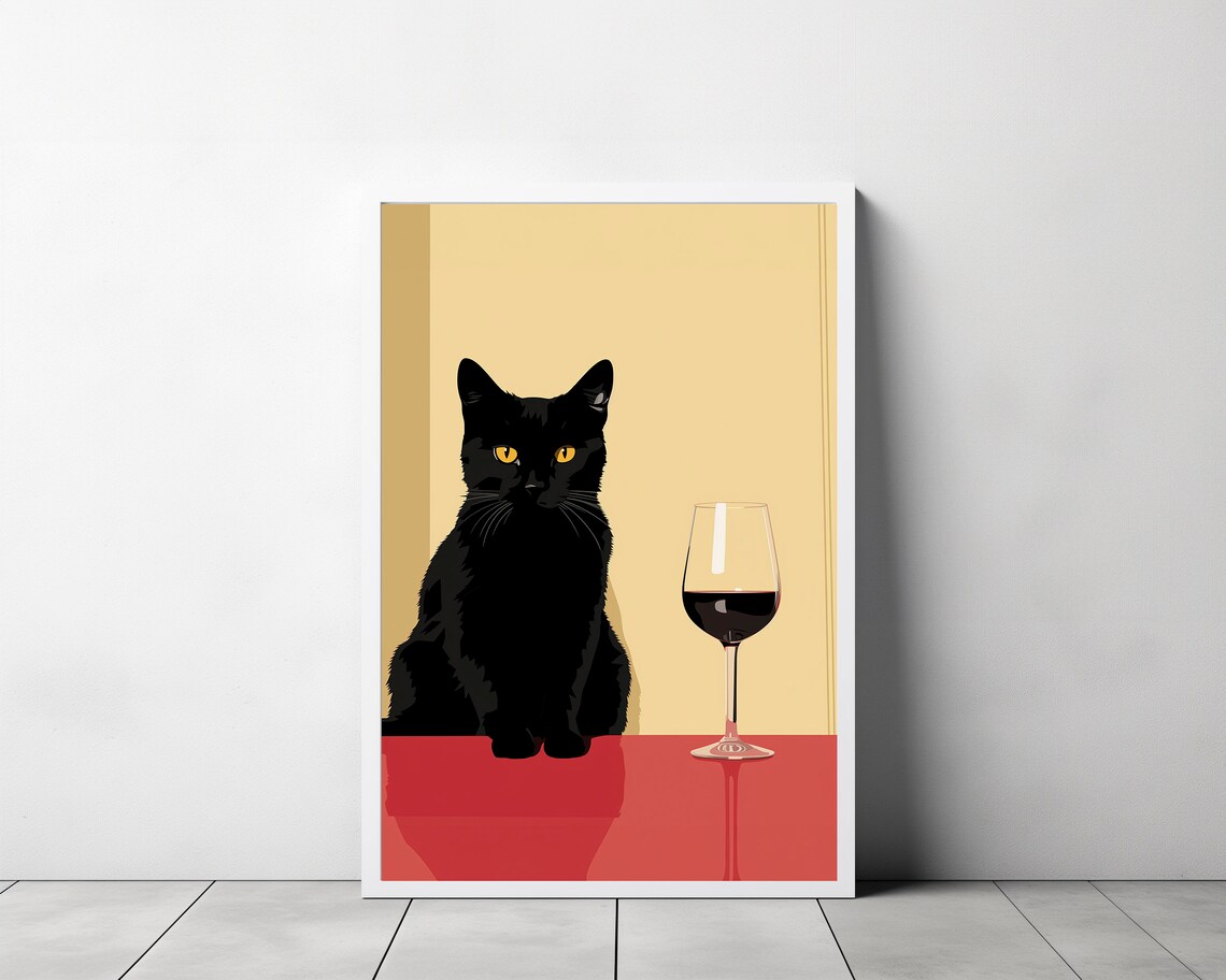Black Cat Sitting Calmly Beside a Tall Glass of Red Wine Poster - Image 3
