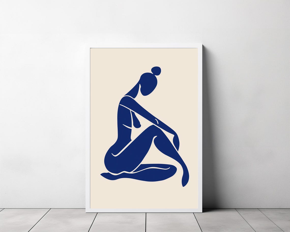 Blue Nude Figure in a Thoughtful Seated Pose Minimalist Poster - Image 3