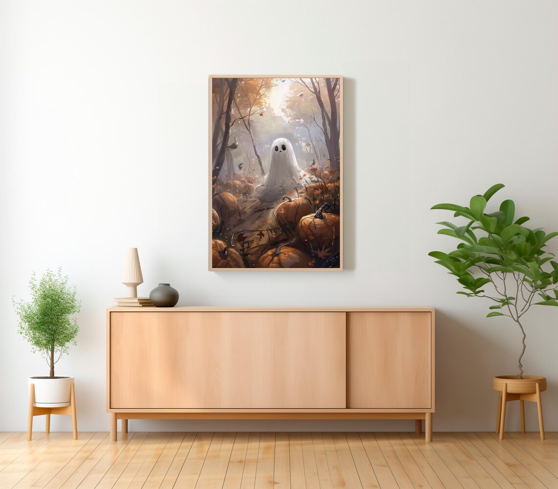 Ghost Standing In Pumpkin Patch With Crows Flying Autumn Halloween Poster - Image 2