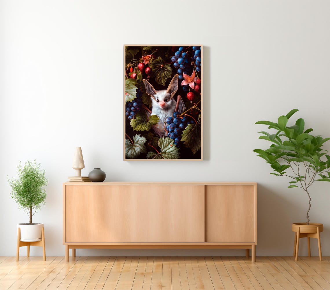 White Fruit Bat Among Grapes Dark Gothic Botanical Art Print - Image 2