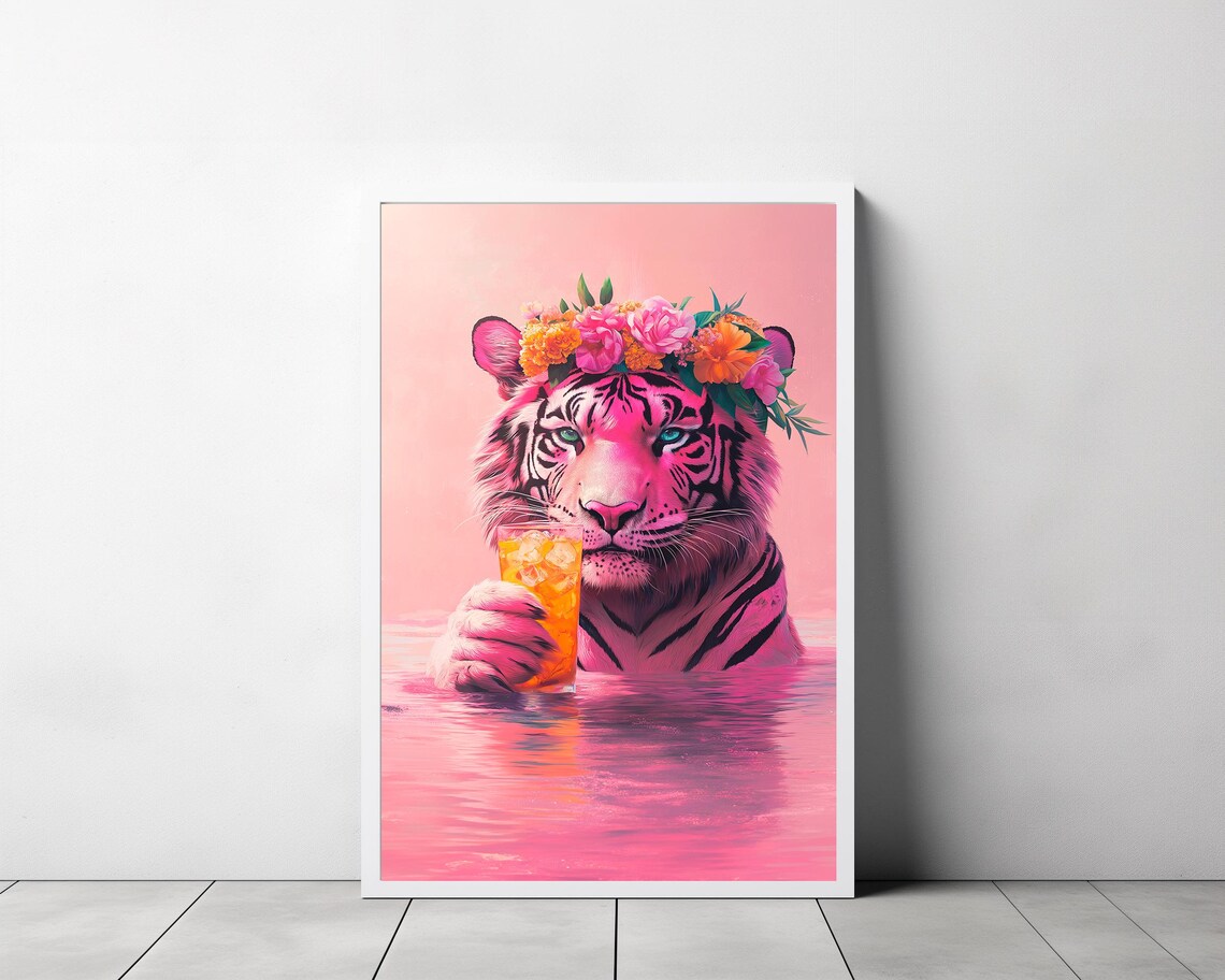 Pink Tiger in Pool with Iced Drink and Flower Crown Painting Poster - Image 3