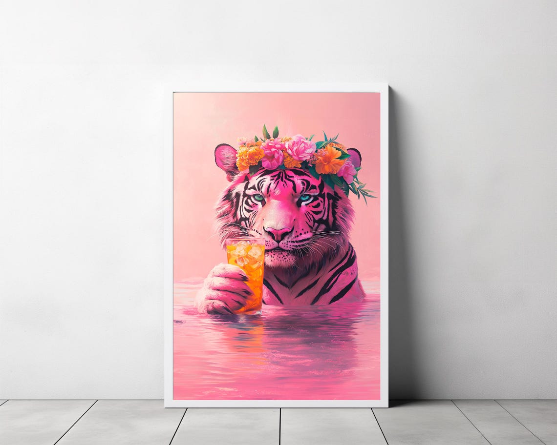 Wall Art Tiger With A Cocktail Maximalist Oil Painting Colorful Trendy Kitsch Vivid Bathroom Print Bold Dopamine Animal Picture - Image 3