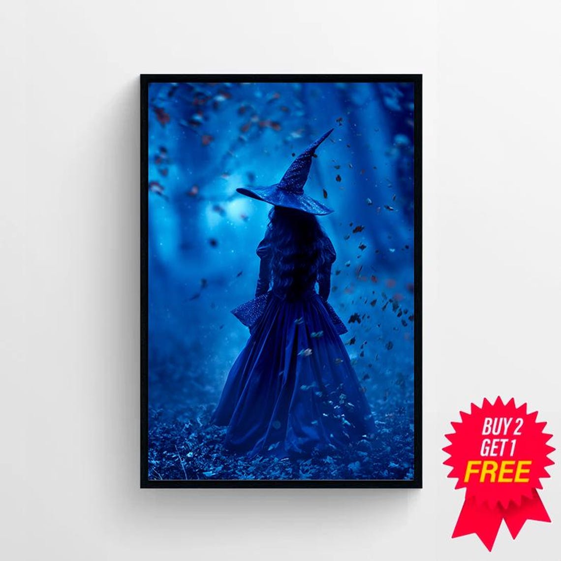 Blue Witch In Falling Leaves Inside Enchanted Night Forest Poster - Image 4