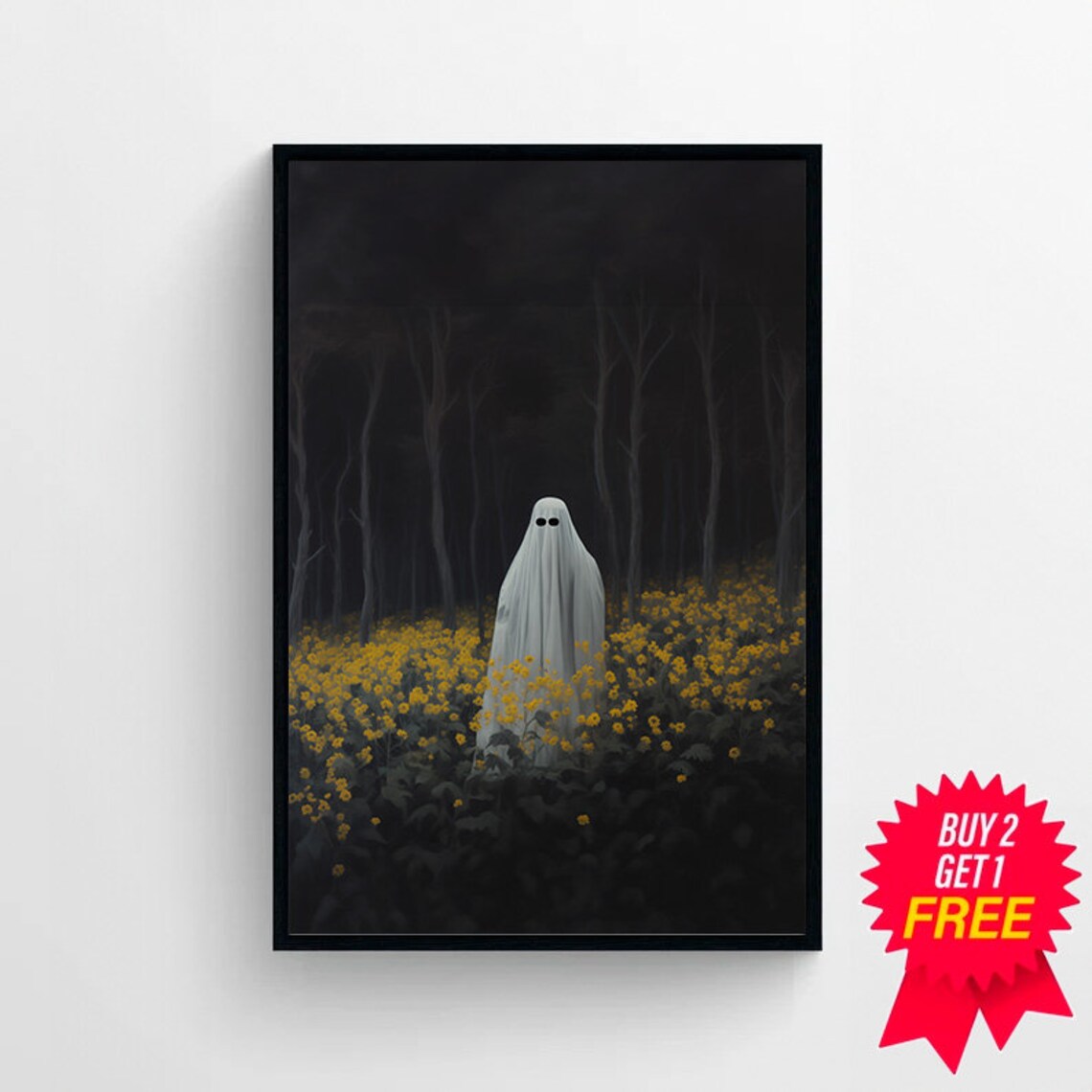 Ghost Standing Alone in a Field of Yellow Wildflowers Poster - Image 4