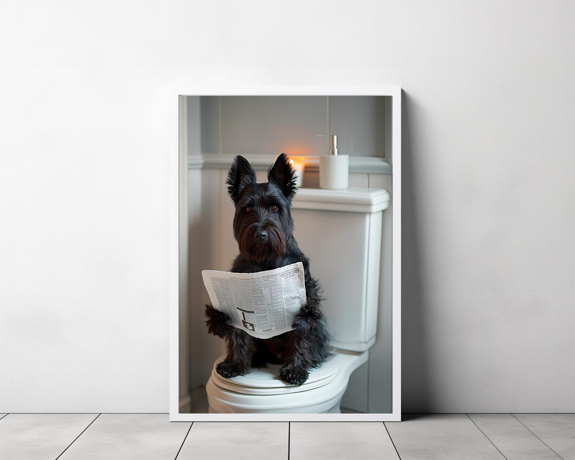 Funny Scottish Terrier Reading Newspaper on Toilet Bathroom Poster - Image 3