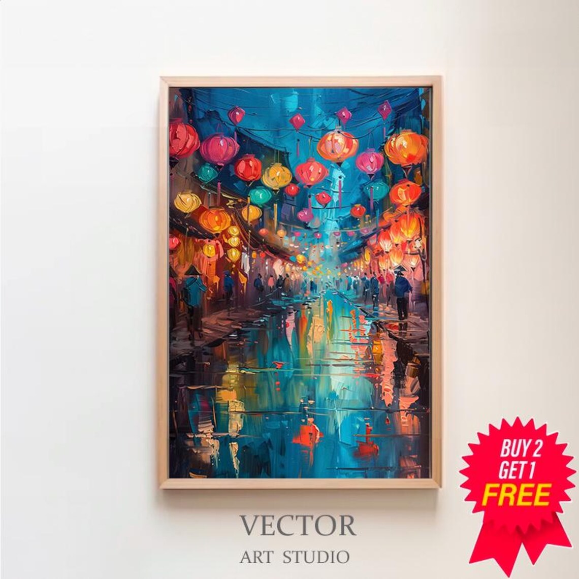 Hoi An Lantern Festival Night Street Reflections Oil Painting Poster