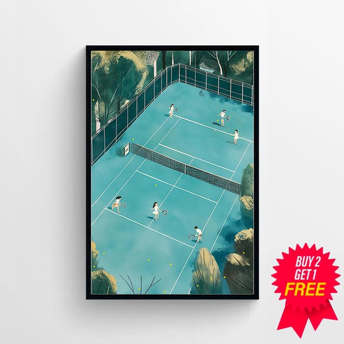 Aerial Teal Tennis Court Illustration with Players and Trees Poster - Image 4