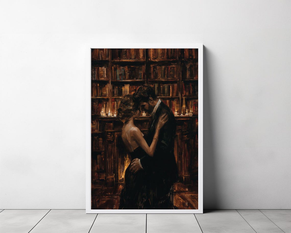 Lovers In Library Art Painting Couple Art Dark Academia Print Dark Oil Painting Gothic Decor For Book Lovers Moody Wall Art - Image 3