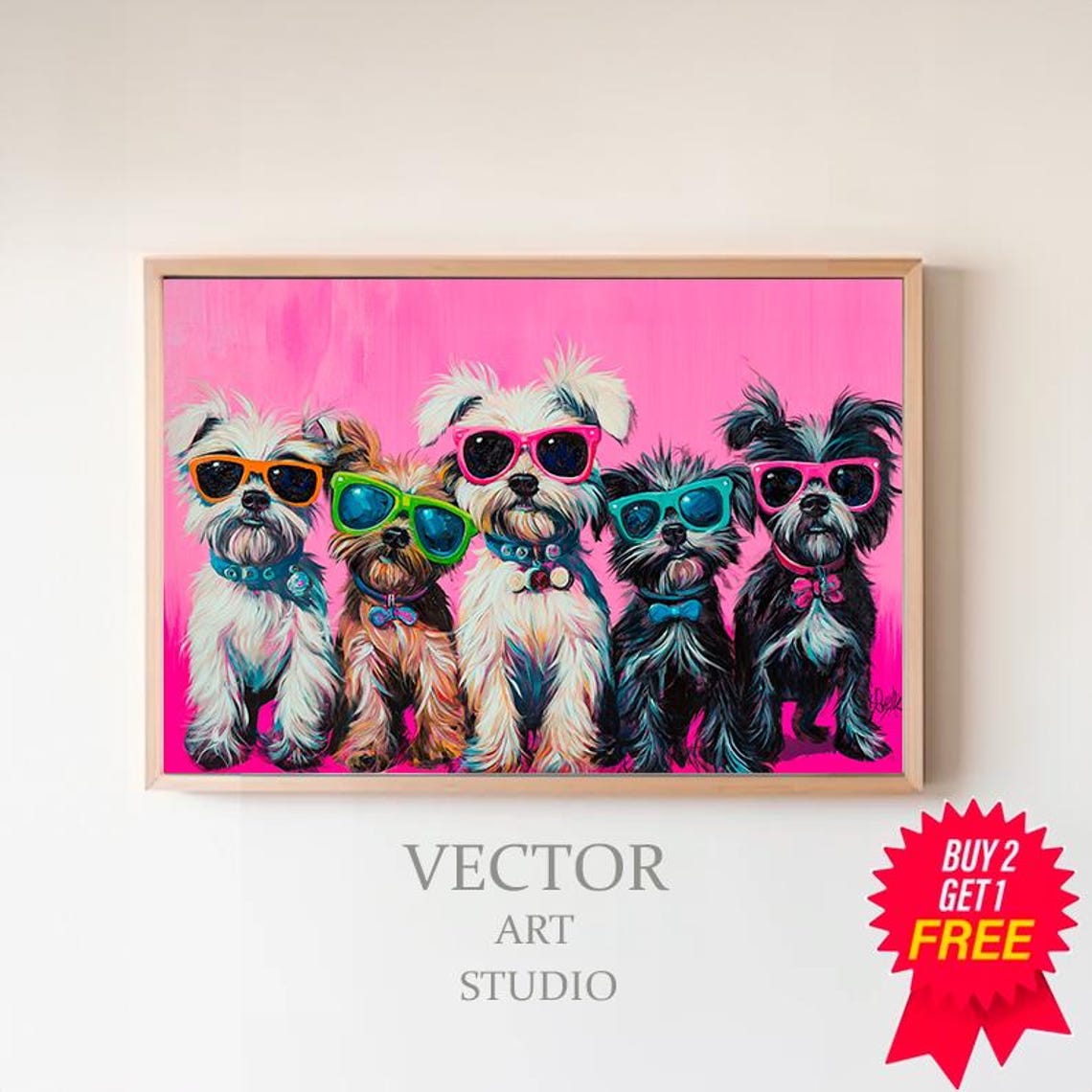 Dopamine Summer Frame Tv Art Cute Dogs In Sunglasses Maximalist Oil Painting Bright Pastel Preppy Pink Tv Funny Pet Colorful Picture