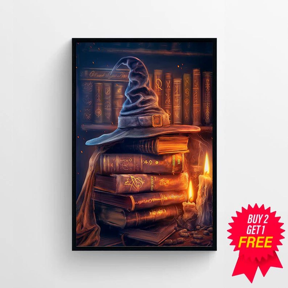Witch Hat on Spell Books by Bookshelf Vintage Halloween Poster - Image 4