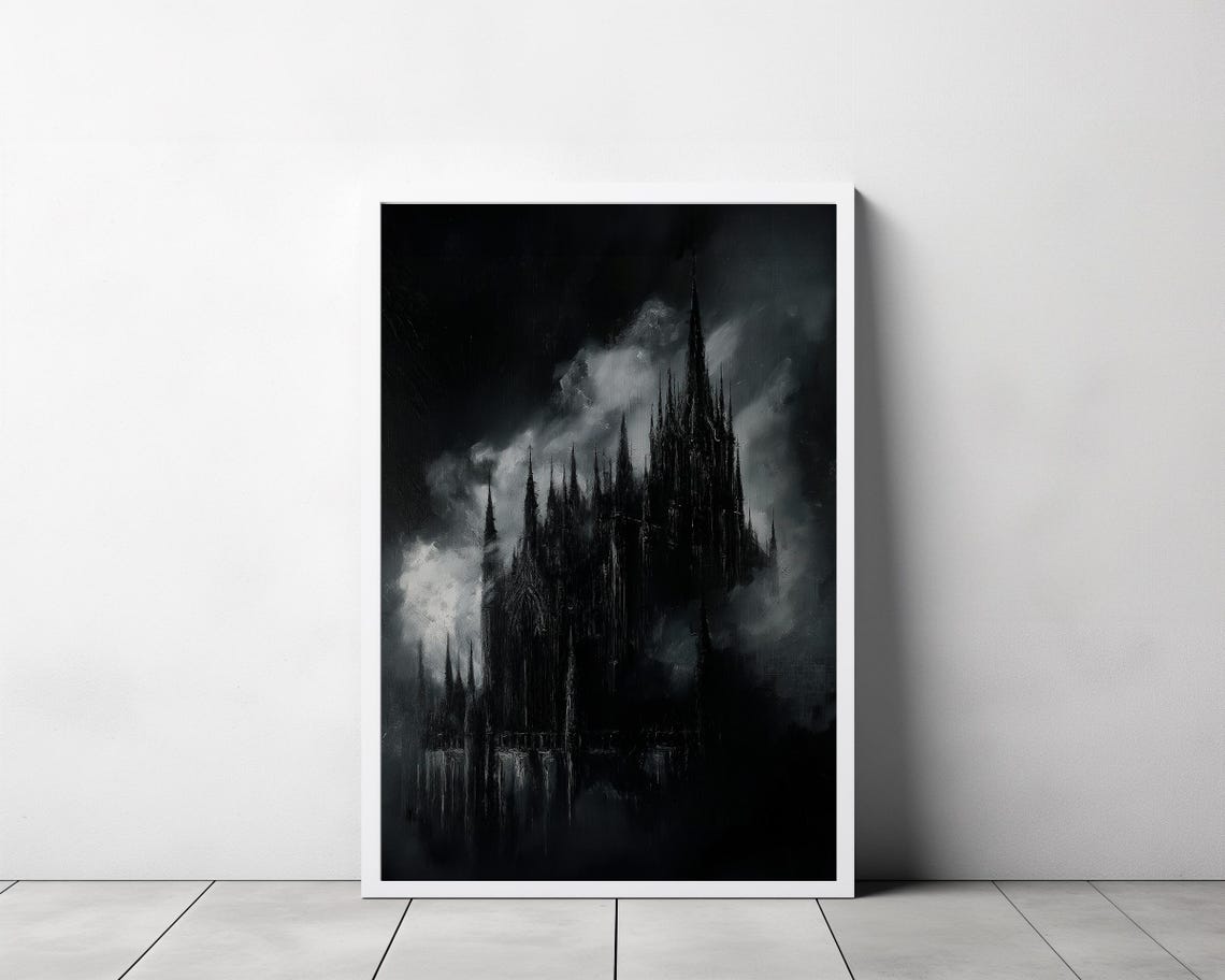 Dark Gothic Castle Shrouded in Night Mist Haunting Vampire Art Poster - Image 3