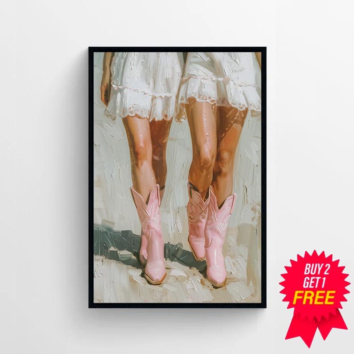 Pink Cowboy Boots Walking in Flowing White Dresses Painting Poster - Image 4
