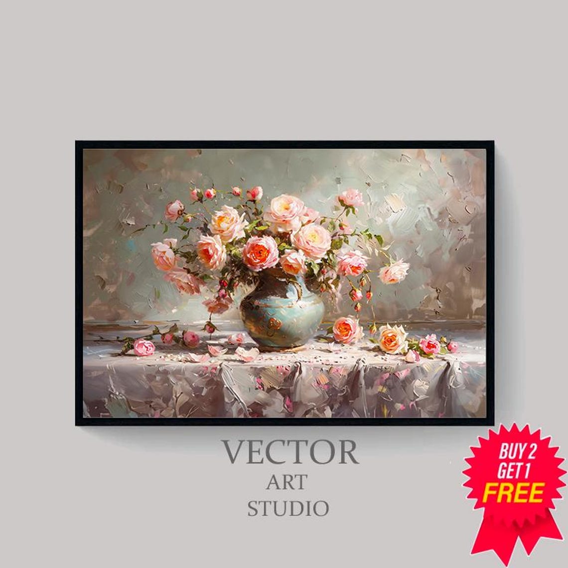 Pink Roses Bouquet in Green Vase Romantic Vintage Floral Poster - Image 4